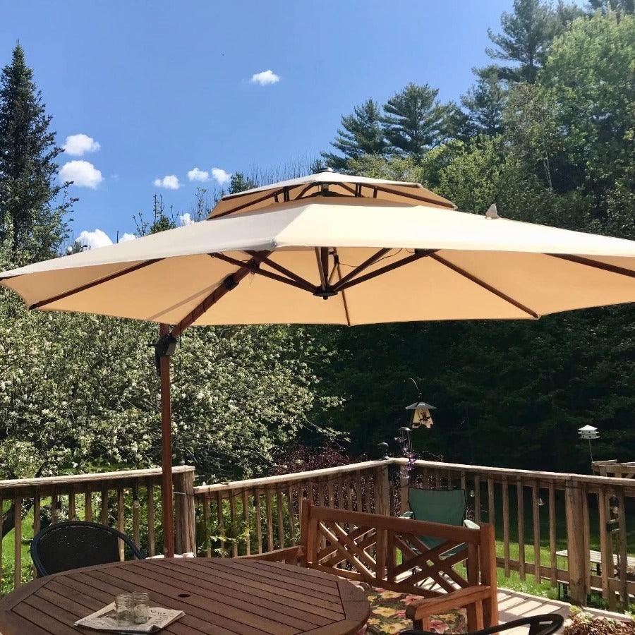 Double Top 10 / 11 / 12 / 13 ft Round Aluminum Patio Umbrella in Wood Color - Image 6
