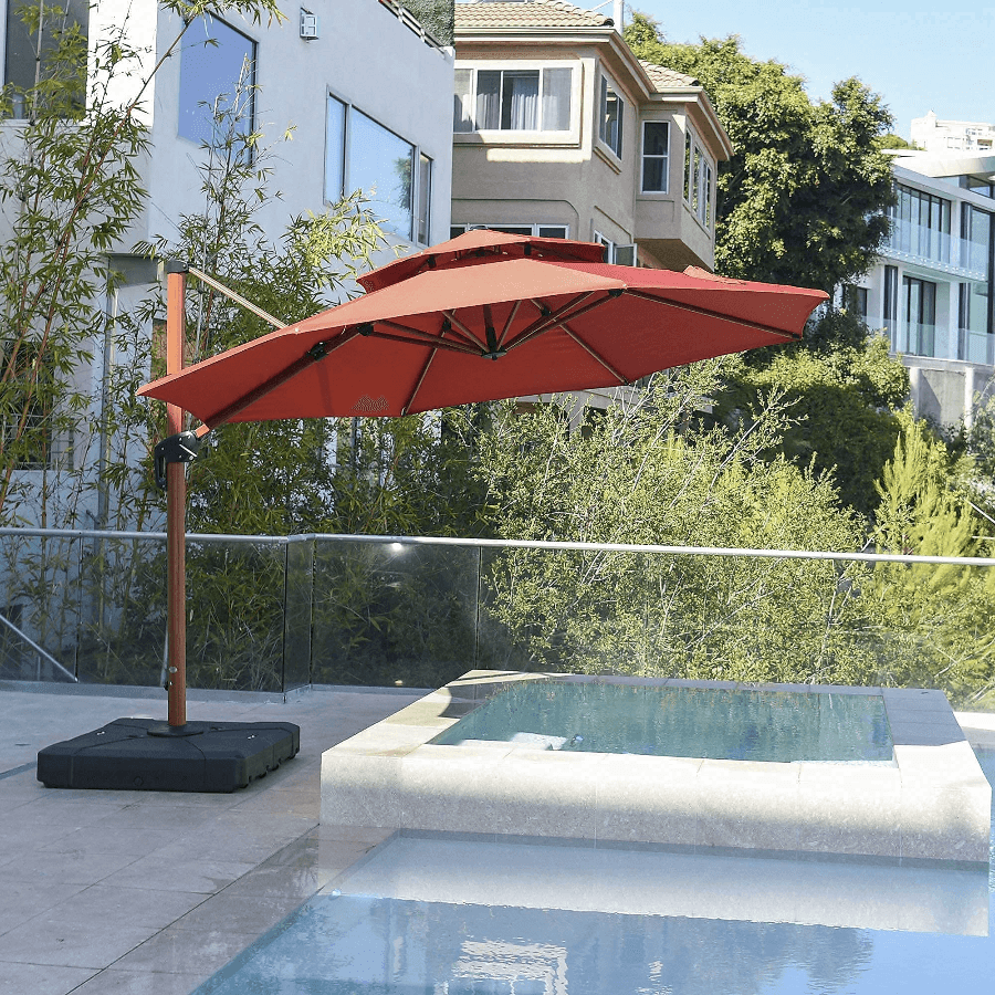 Double Top 10 / 11 / 12 / 13 ft Round Aluminum Patio Umbrella in Wood Color - Image 10