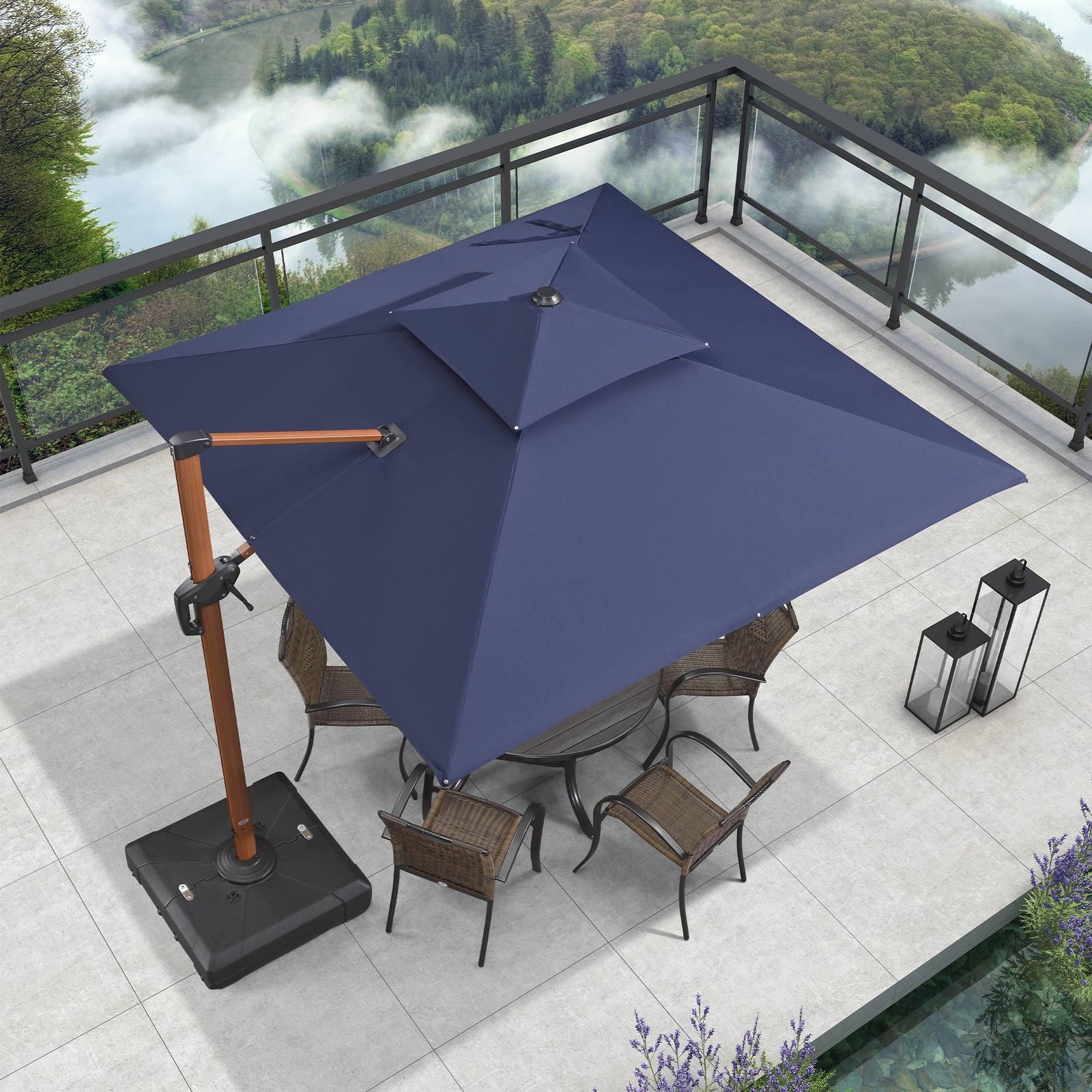 Double Top 9 / 10 / 11 / 12 ft Square Aluminum Sun Umbrellas in Wood Color - Image 55