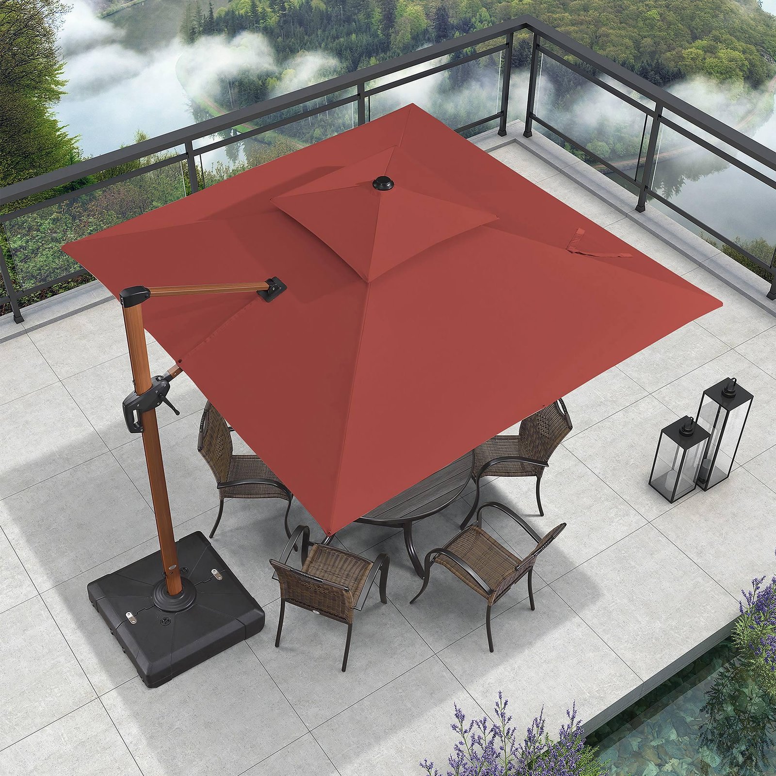 Double Top 9 / 10 / 11 / 12 ft Square Aluminum Sun Umbrellas in Wood Color - Image 56