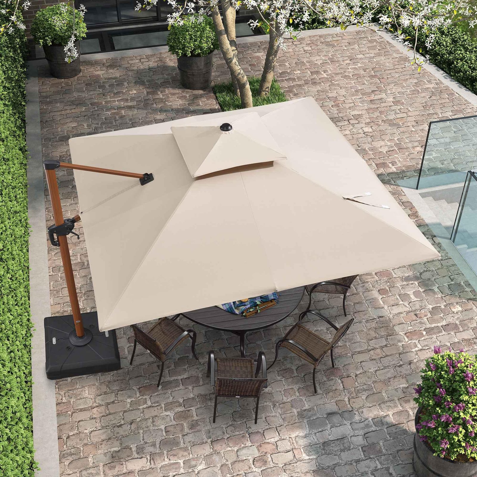 Double Top 9 / 10 / 11 / 12 ft Square Aluminum Sun Umbrellas in Wood Color - Image 61