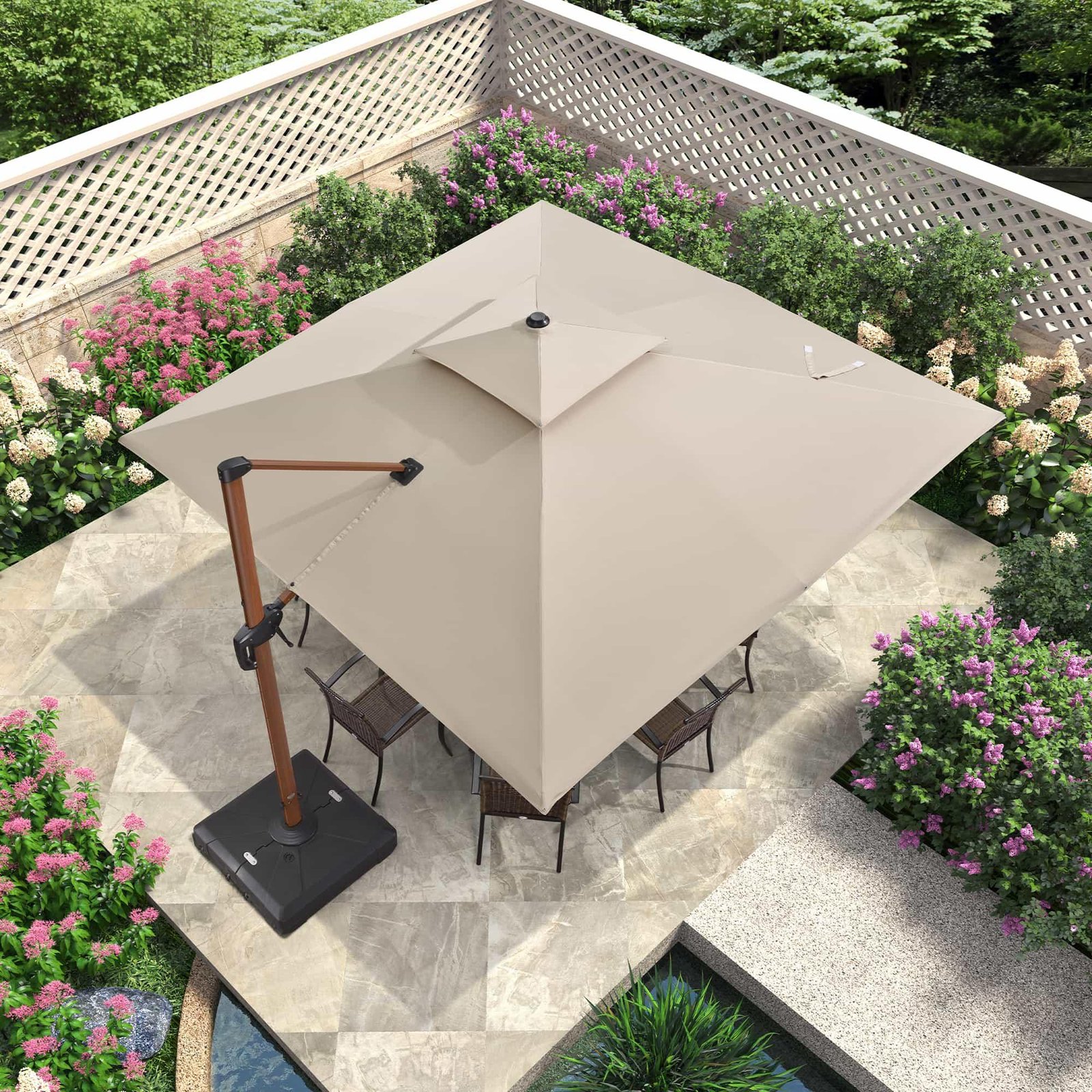 Double Top 9 / 10 / 11 / 12 ft Square Aluminum Sun Umbrellas in Wood Color