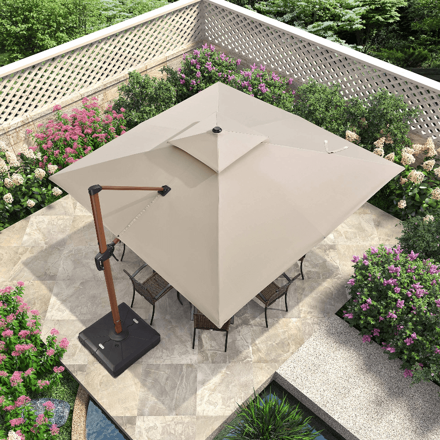 Double Top 9 / 10 / 11 / 12 ft Square Aluminum Sun Umbrellas in Wood Color - Image 19