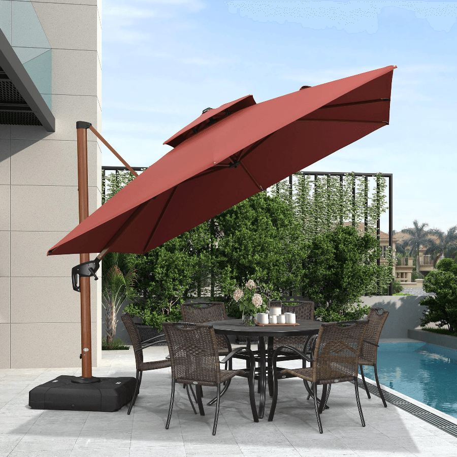 Double Top 9 / 10 / 11 / 12 ft Square Aluminum Sun Umbrellas in Wood Color - Image 23