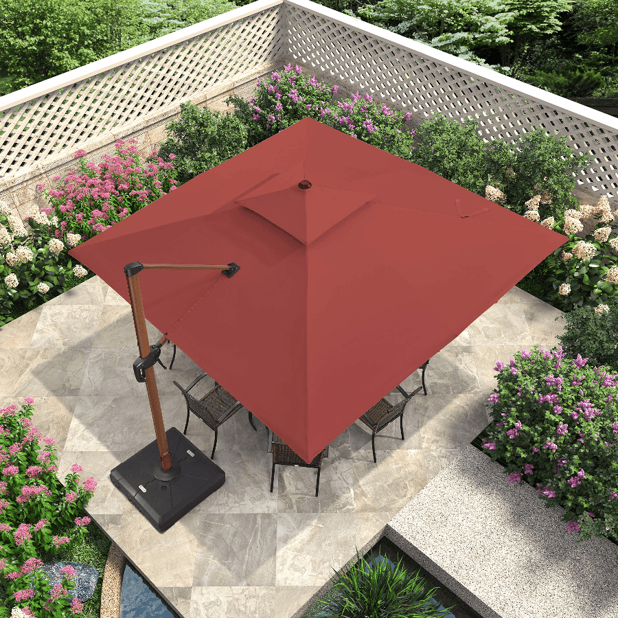 Double Top 9 / 10 / 11 / 12 ft Square Aluminum Sun Umbrellas in Wood Color - Image 25