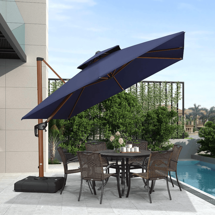 Double Top 9 / 10 / 11 / 12 ft Square Aluminum Sun Umbrellas in Wood Color - Image 8