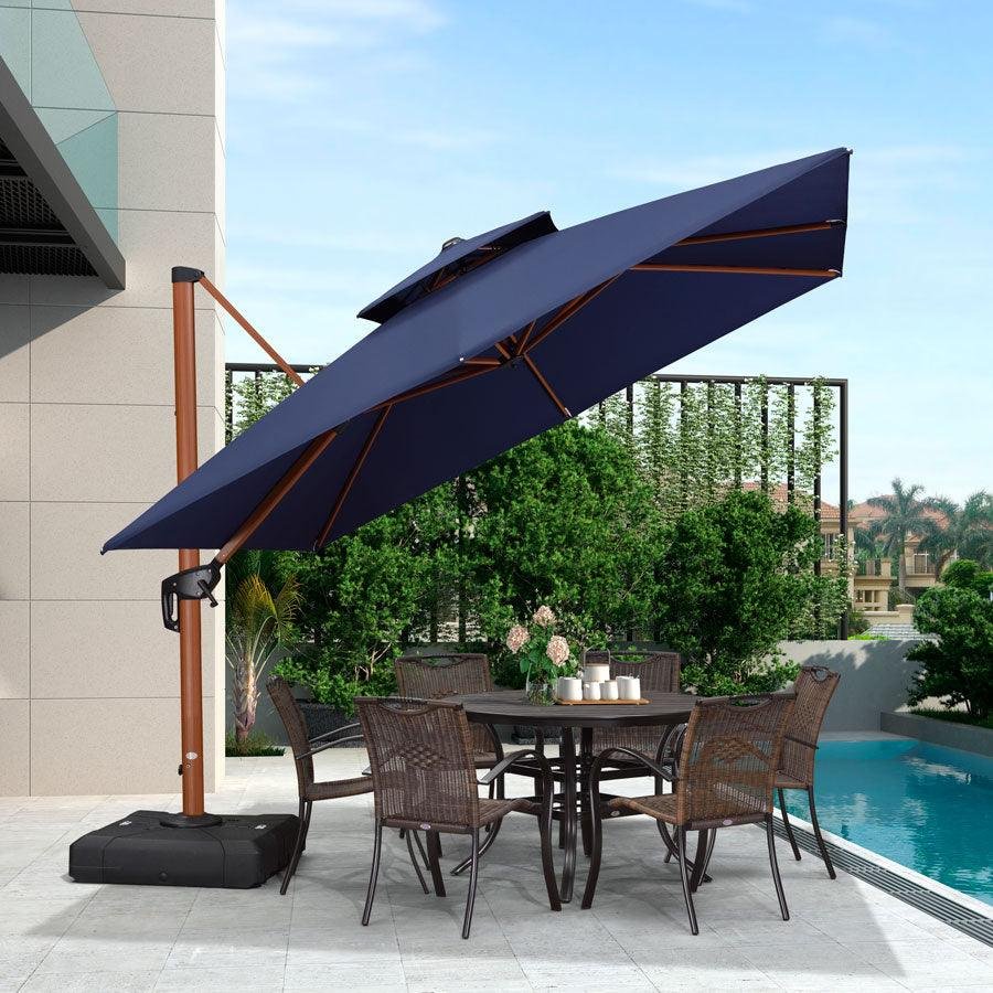 Double Top 9 / 10 / 11 / 12 ft Square Aluminum Sun Umbrellas in Wood Color - Image 43