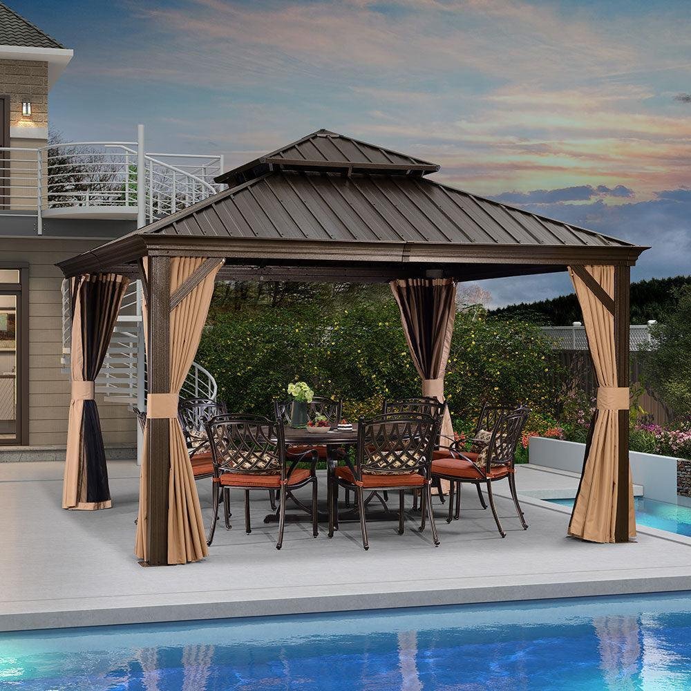 Outdoor Hardtop Gazebo for Garden Bronze Double Roof Aluminum Frame Pavilion - Image 16