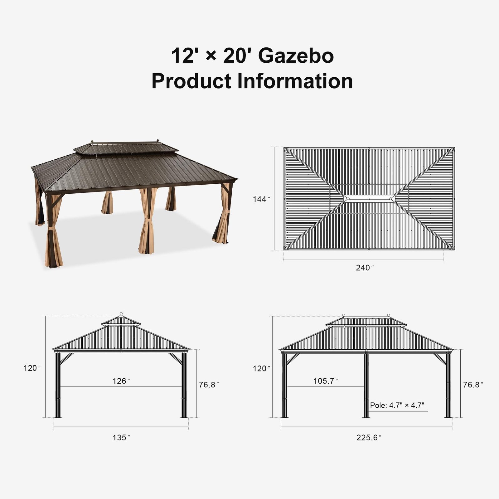 Outdoor Hardtop Gazebo for Garden Bronze Double Roof Aluminum Frame Pavilion - Image 28
