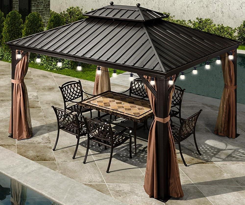 Outdoor Hardtop Gazebo for Garden Bronze Double Roof Aluminum Frame Pavilion with String Lights-milky - Image 9