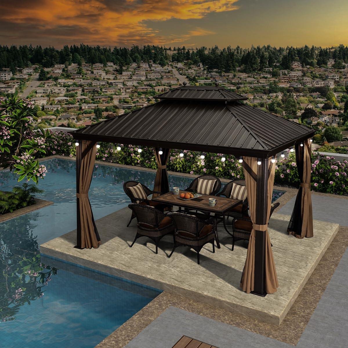 Outdoor Hardtop Gazebo for Garden Bronze Double Roof Aluminum Frame Pavilion with String Lights-milky - Image 5