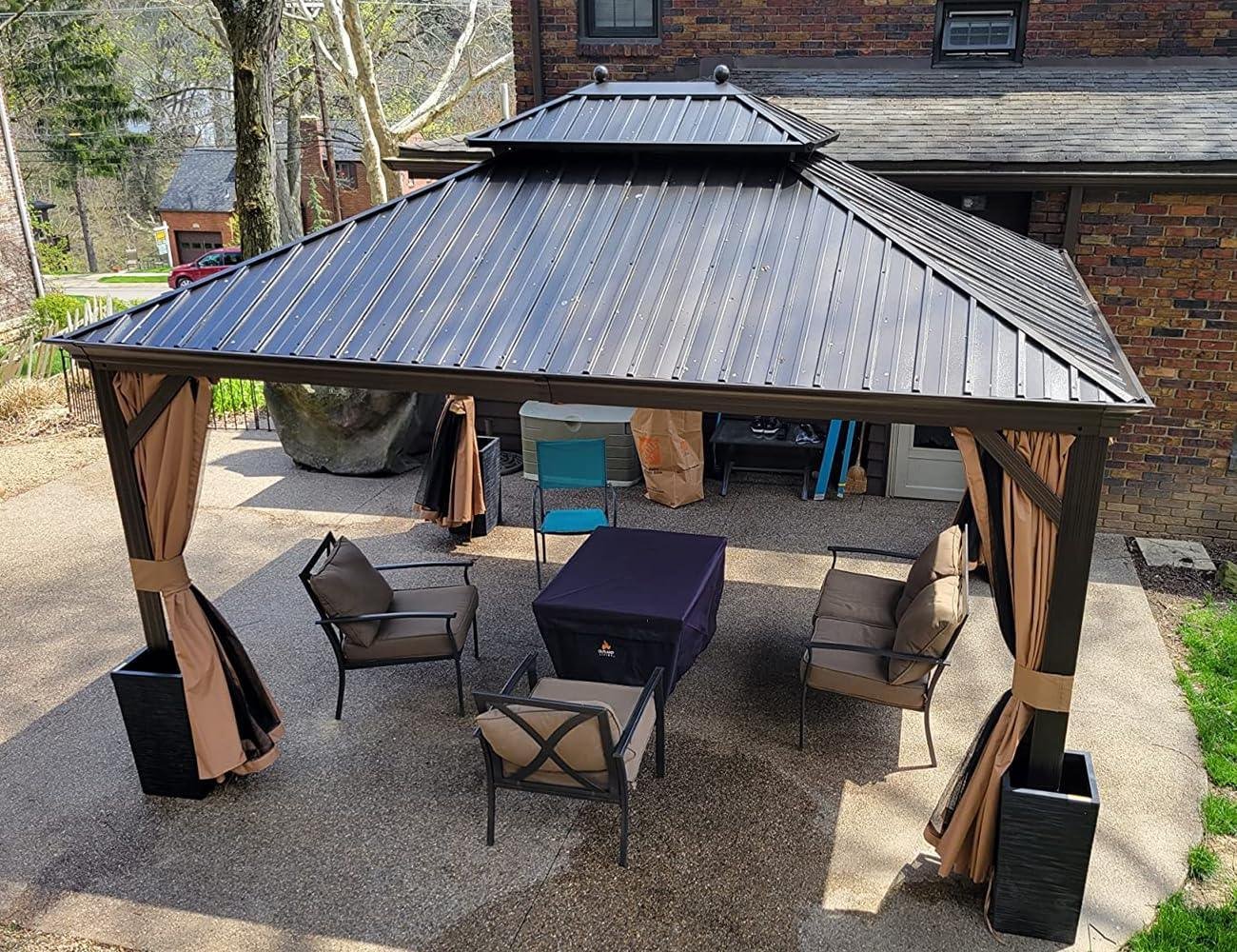 Outdoor Hardtop Gazebo for Garden Bronze Double Roof Aluminum Frame Pavilion with String Lights-milky - Image 25