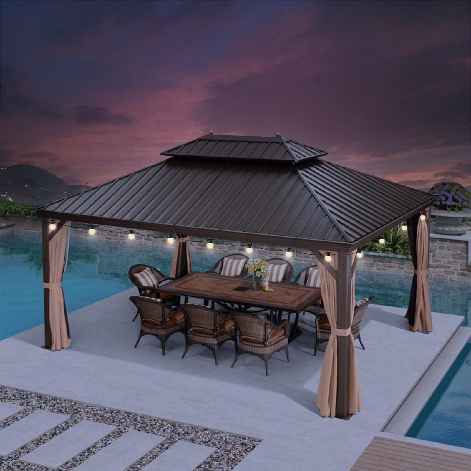 Outdoor Hardtop Gazebo for Garden Bronze Double Roof Aluminum Frame Pavilion with String Lights-clear - Image 32