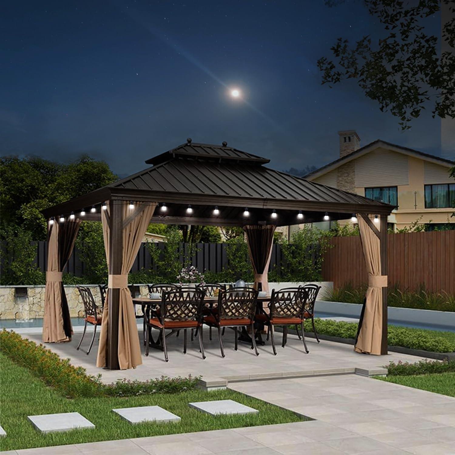 Outdoor Hardtop Gazebo for Garden Bronze Double Roof Aluminum Frame Pavilion with String Lights-milky - Image 31