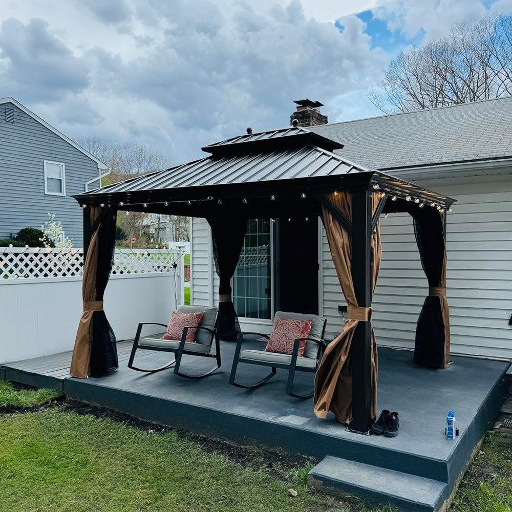 Outdoor Hardtop Gazebo for Garden Bronze Double Roof Aluminum Frame Pavilion with String Lights-milky - Image 32