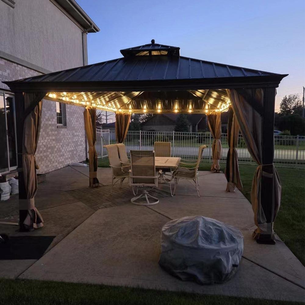 Outdoor Hardtop Gazebo for Garden Bronze Double Roof Aluminum Frame Pavilion with String Lights-milky - Image 35