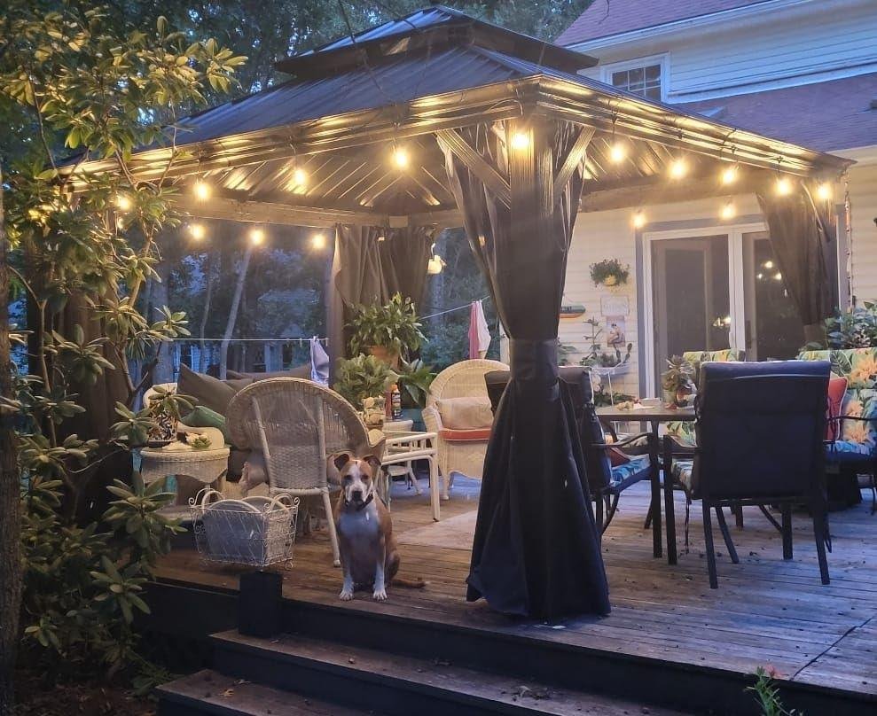 Outdoor Hardtop Gazebo for Patio Bronze Aluminum Frame Pavilion with Navy-Blue Curtain and String Lights-milky - Image 15
