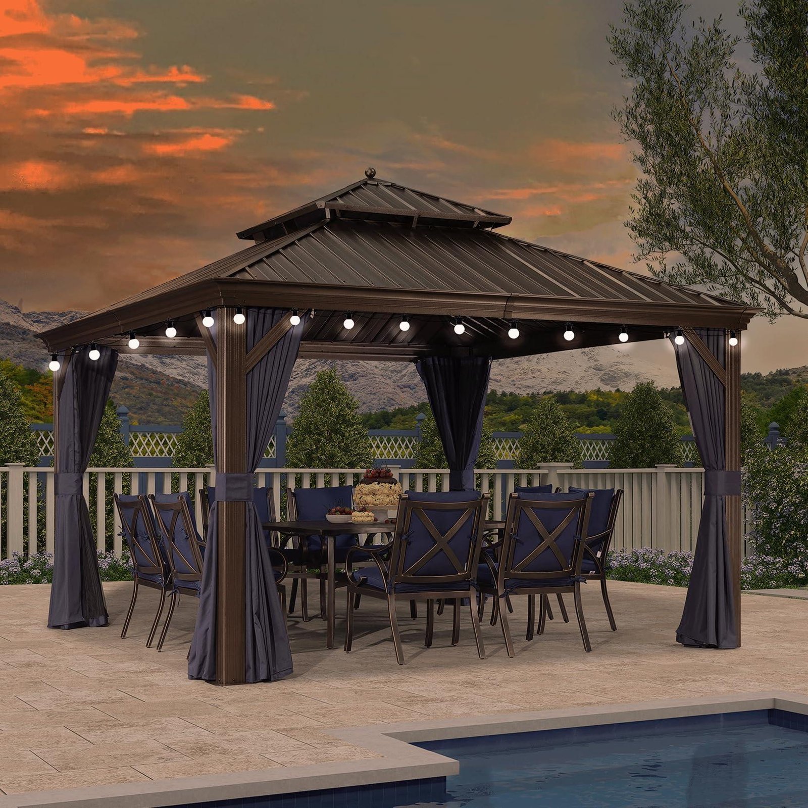 Outdoor Hardtop Gazebo for Patio Bronze Aluminum Frame Pavilion with Navy-Blue Curtain and String Lights-clear - Image 24