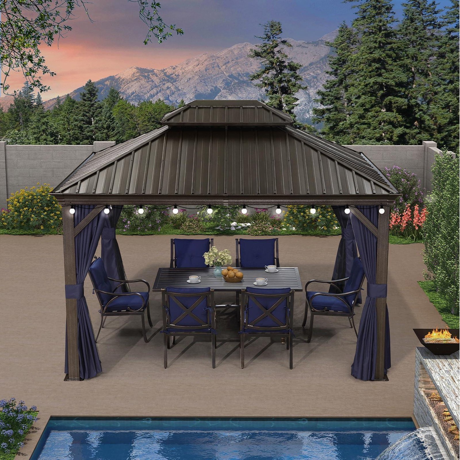 Outdoor Hardtop Gazebo for Patio Bronze Aluminum Frame Pavilion with Navy-Blue Curtain and String Lights-milky - Image 5