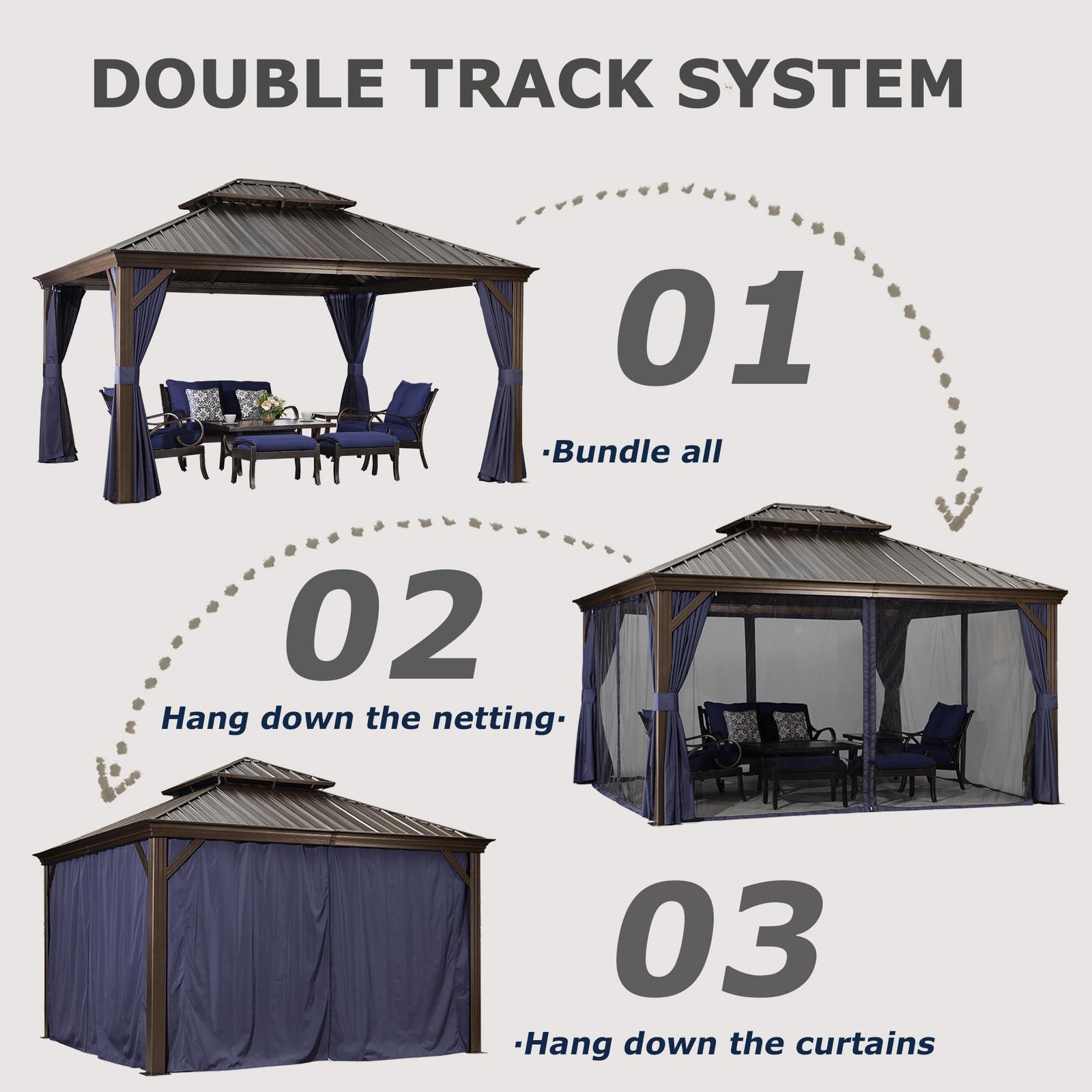 Outdoor Hardtop Gazebo for Patio Bronze Aluminum Frame Pavilion with Navy-Blue Curtain and String Lights-milky - Image 21