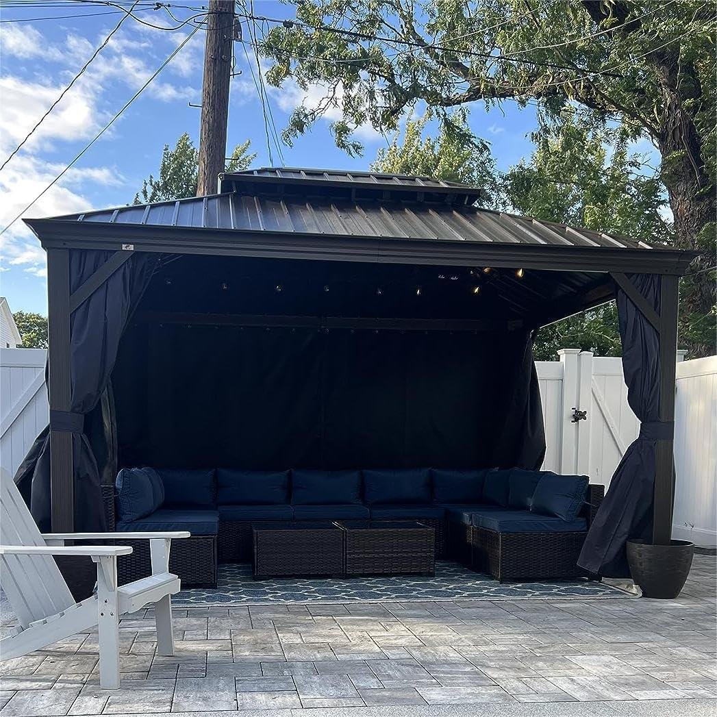 Outdoor Hardtop Gazebo for Patio Bronze Aluminum Frame Pavilion with Navy-Blue Curtain and String Lights-milky - Image 22