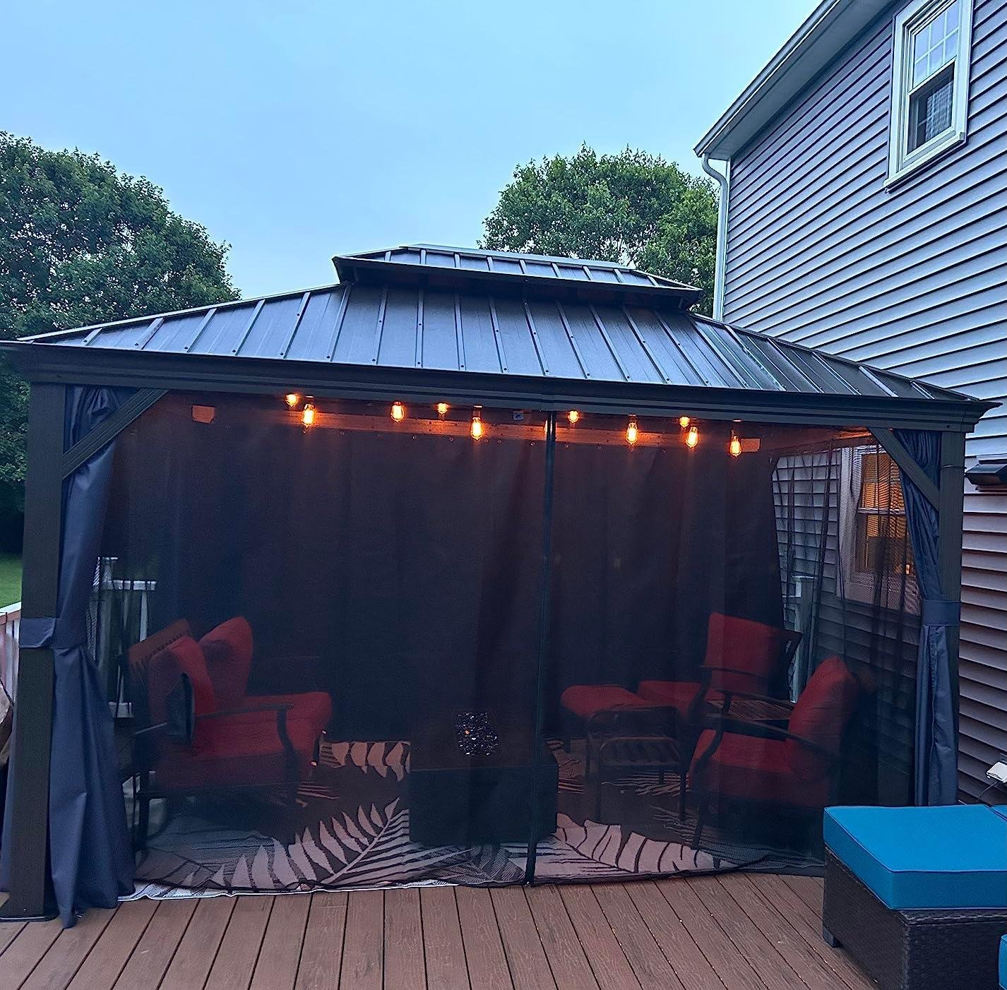 Outdoor Hardtop Gazebo for Patio Bronze Aluminum Frame Pavilion with Navy-Blue Curtain and String Lights-milky - Image 24
