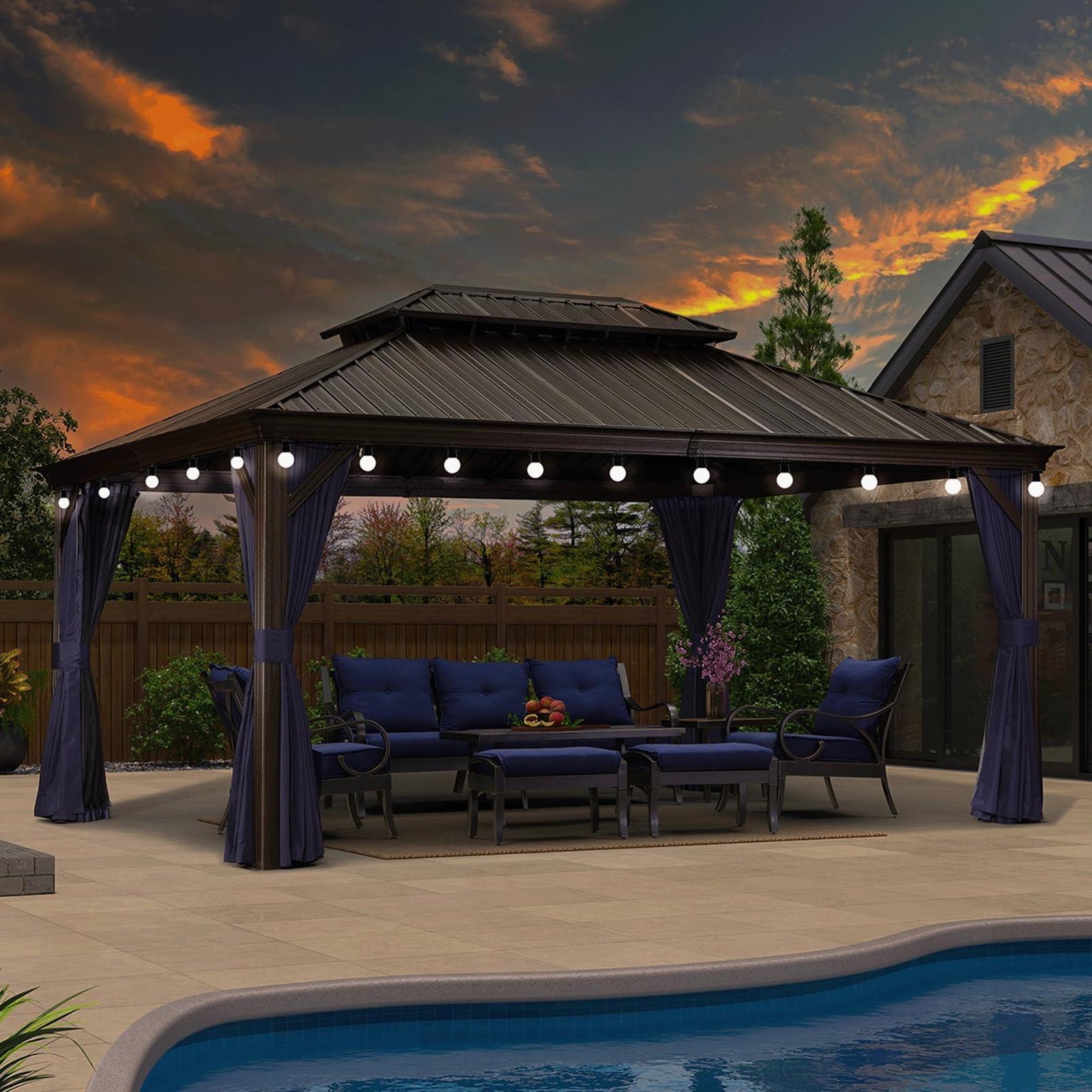 Outdoor Hardtop Gazebo for Patio Bronze Aluminum Frame Pavilion with Navy-Blue Curtain and String Lights-milky - Image 27