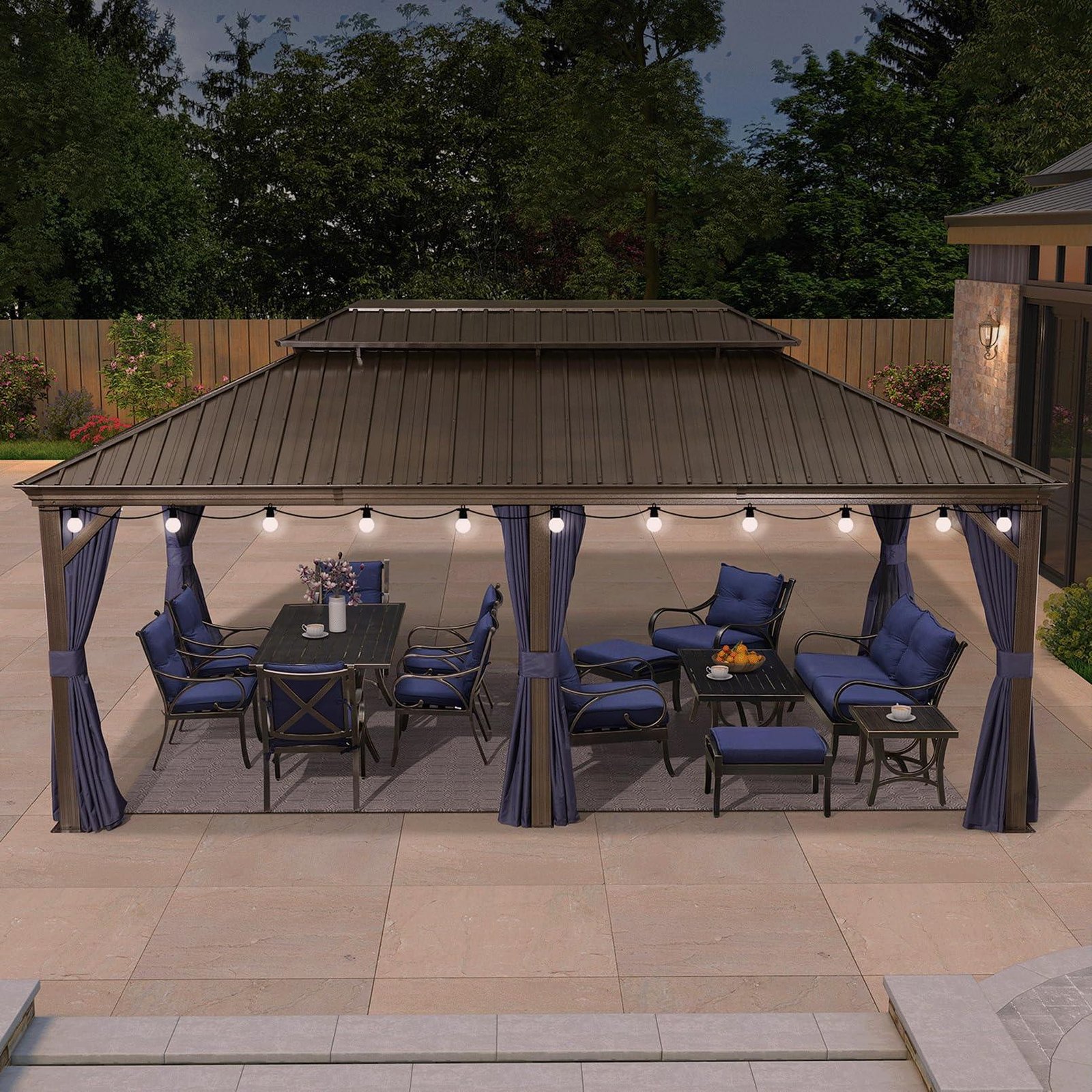 Outdoor Hardtop Gazebo for Patio Bronze Aluminum Frame Pavilion with Navy-Blue Curtain and String Lights-milky - Image 29