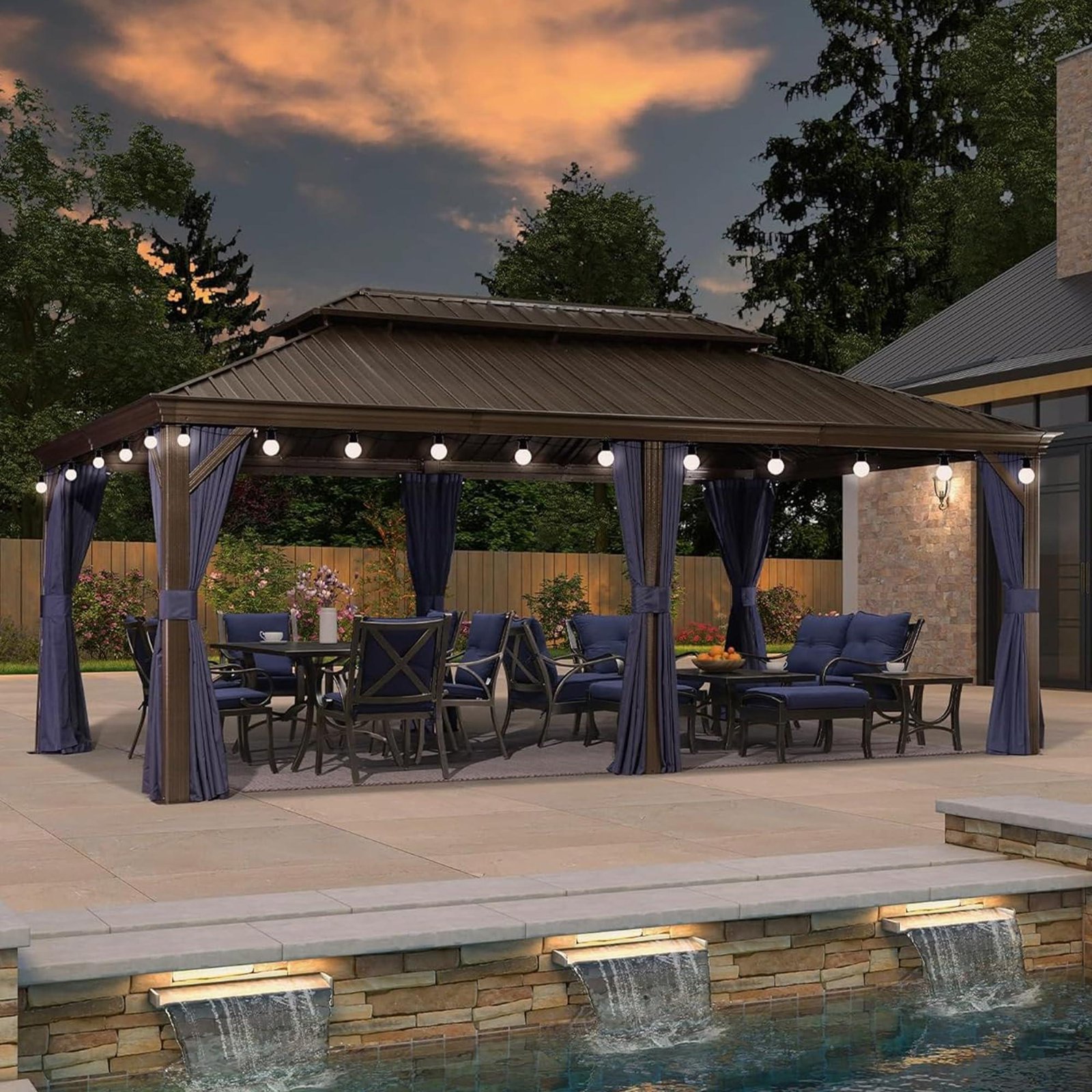 Outdoor Hardtop Gazebo for Patio Bronze Aluminum Frame Pavilion with Navy-Blue Curtain and String Lights-milky - Image 32