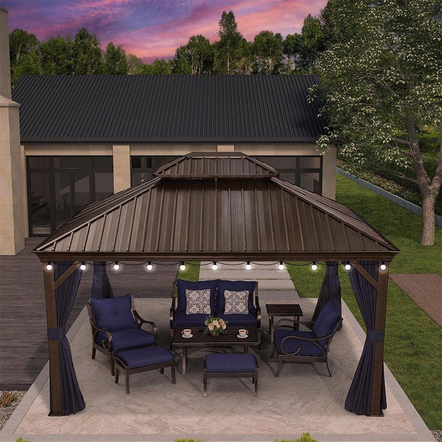 Outdoor Hardtop Gazebo for Patio Bronze Aluminum Frame Pavilion with Navy-Blue Curtain and String Lights-milky - Image 36