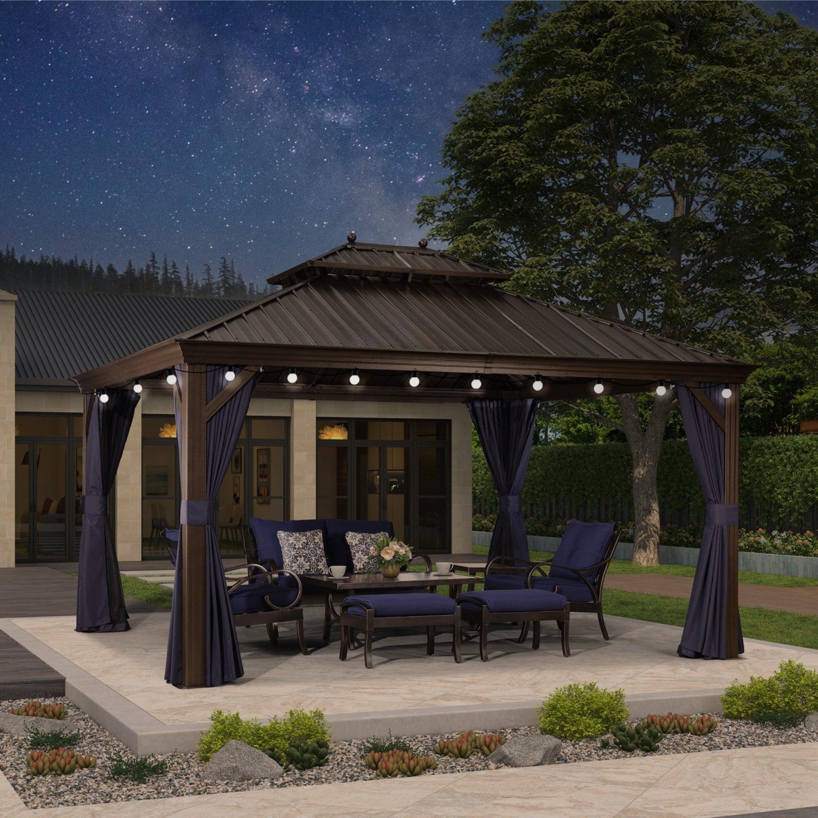 Outdoor Hardtop Gazebo for Patio Bronze Aluminum Frame Pavilion with Navy-Blue Curtain and String Lights-clear - Image 40