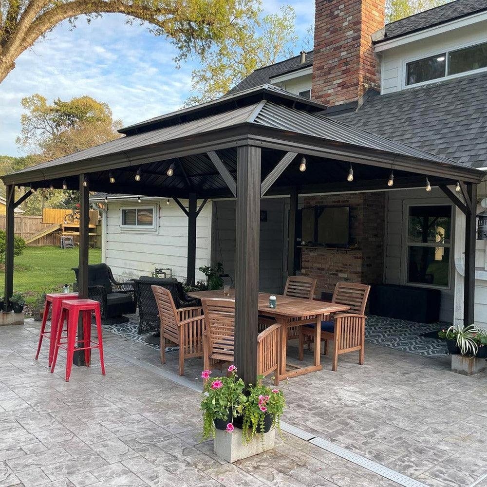 Outdoor Hardtop Gazebo for Patio Bronze Aluminum Frame Pavilion with Navy-Blue Curtain and String Lights-milky - Image 37