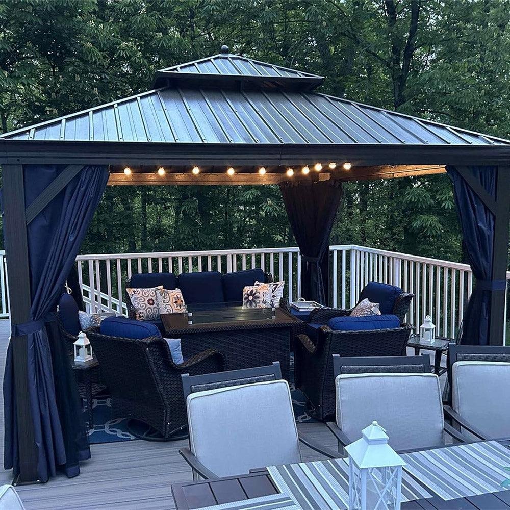 Outdoor Hardtop Gazebo for Patio Bronze Aluminum Frame Pavilion with Navy-Blue Curtain and String Lights-milky - Image 38