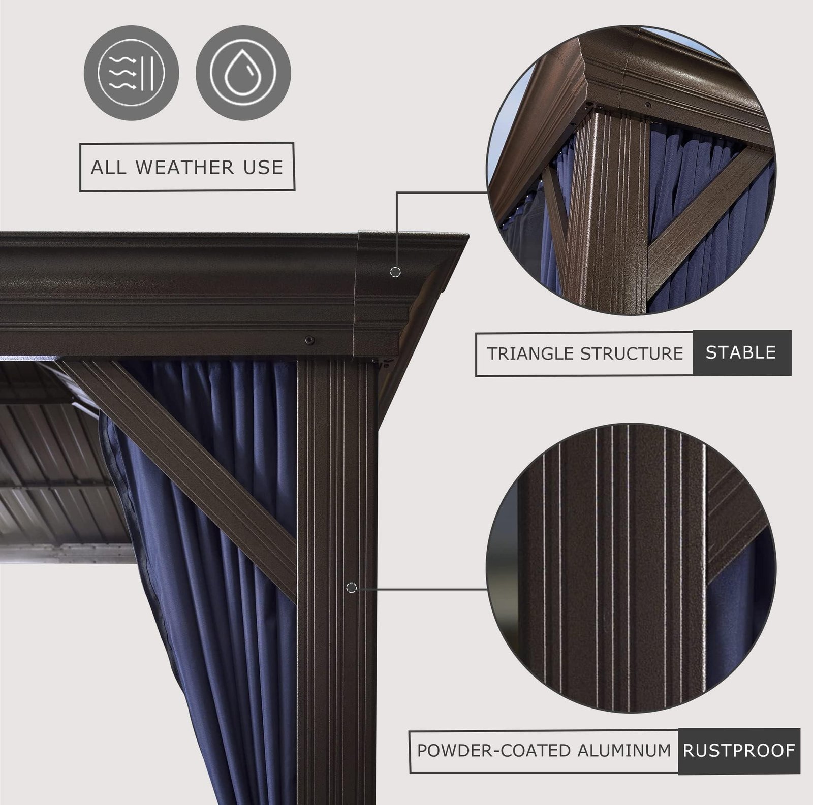 Outdoor Hardtop Gazebo for Patio Bronze Aluminum Frame Pavilion with Navy-Blue Curtain and String Lights-clear - Image 10