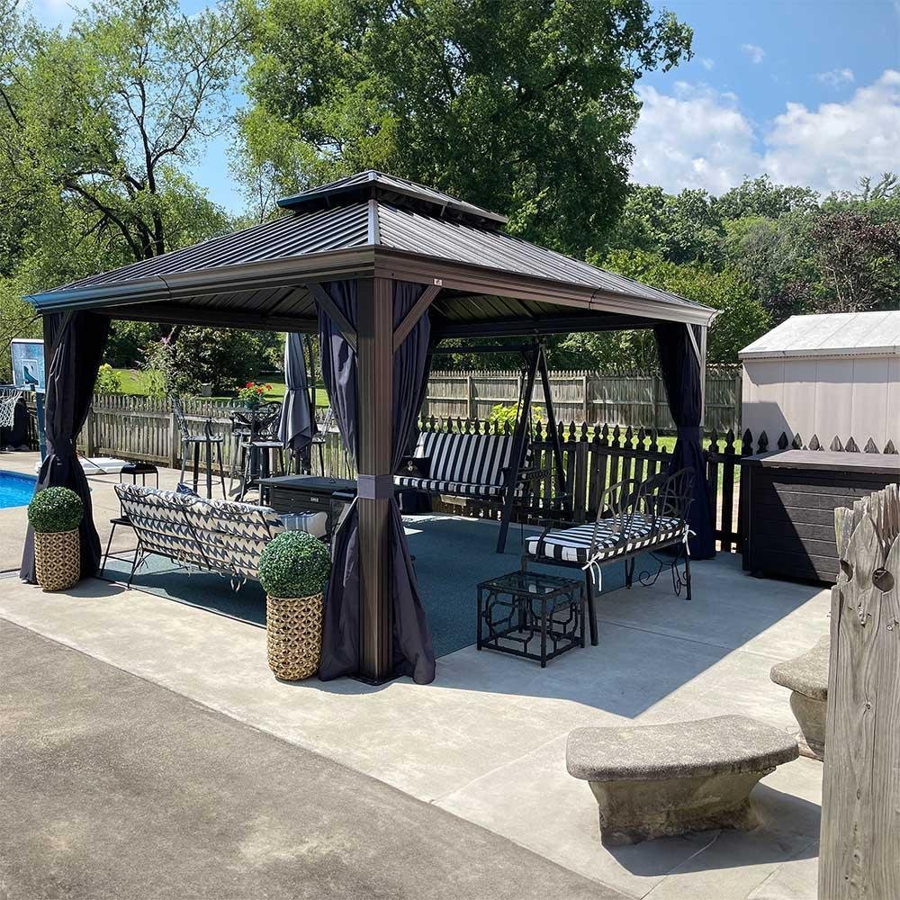 Outdoor Hardtop Gazebo for Patio Bronze Aluminum Frame Pavilion with Navy-Blue Curtain - Image 60