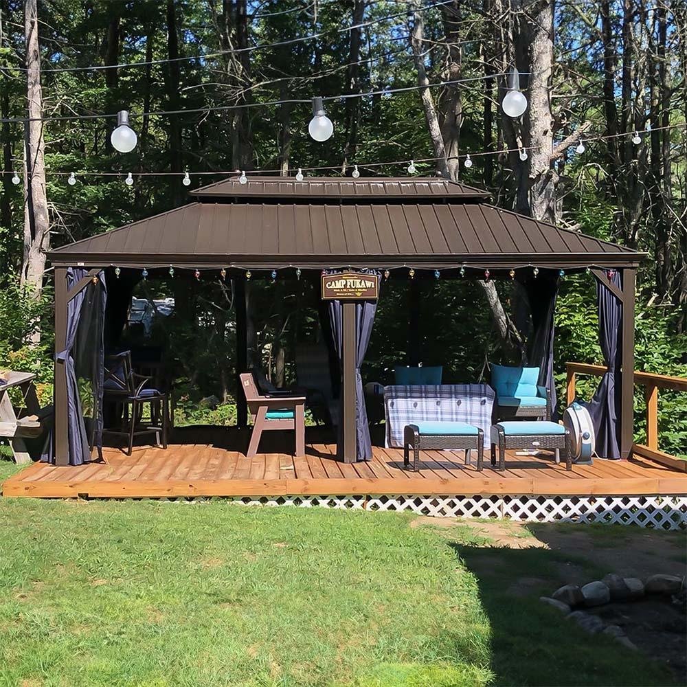 Outdoor Hardtop Gazebo for Patio Bronze Aluminum Frame Pavilion with Navy-Blue Curtain - Image 61