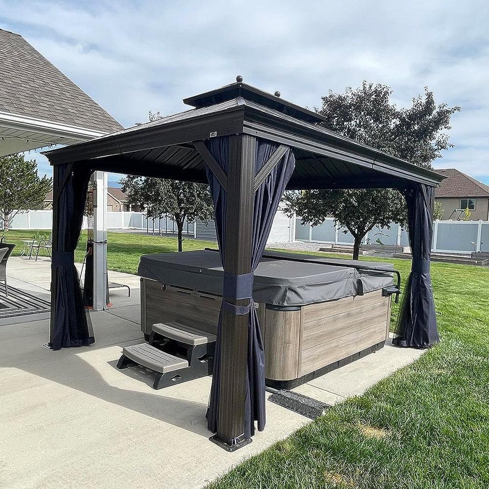 Outdoor Hardtop Gazebo for Patio Bronze Aluminum Frame Pavilion with Navy-Blue Curtain - Image 66