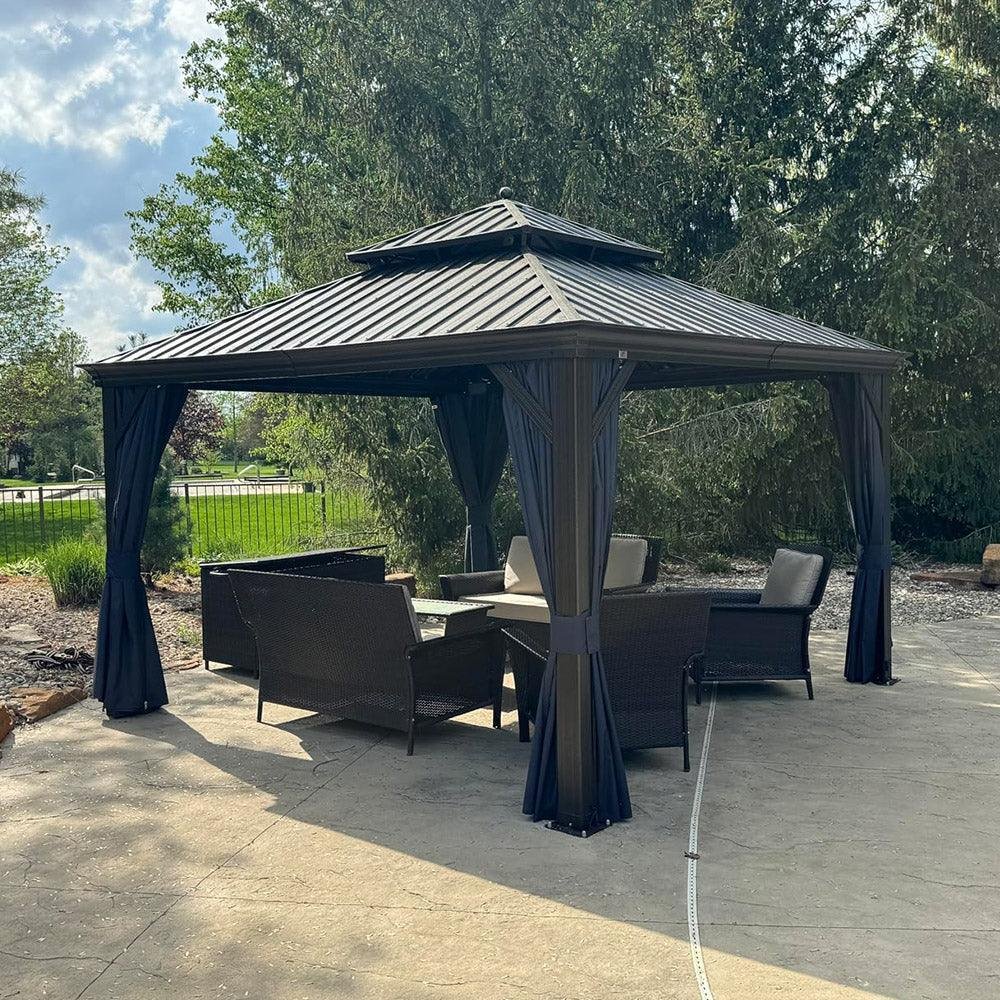 Outdoor Hardtop Gazebo for Patio Bronze Aluminum Frame Pavilion with Navy-Blue Curtain - Image 68