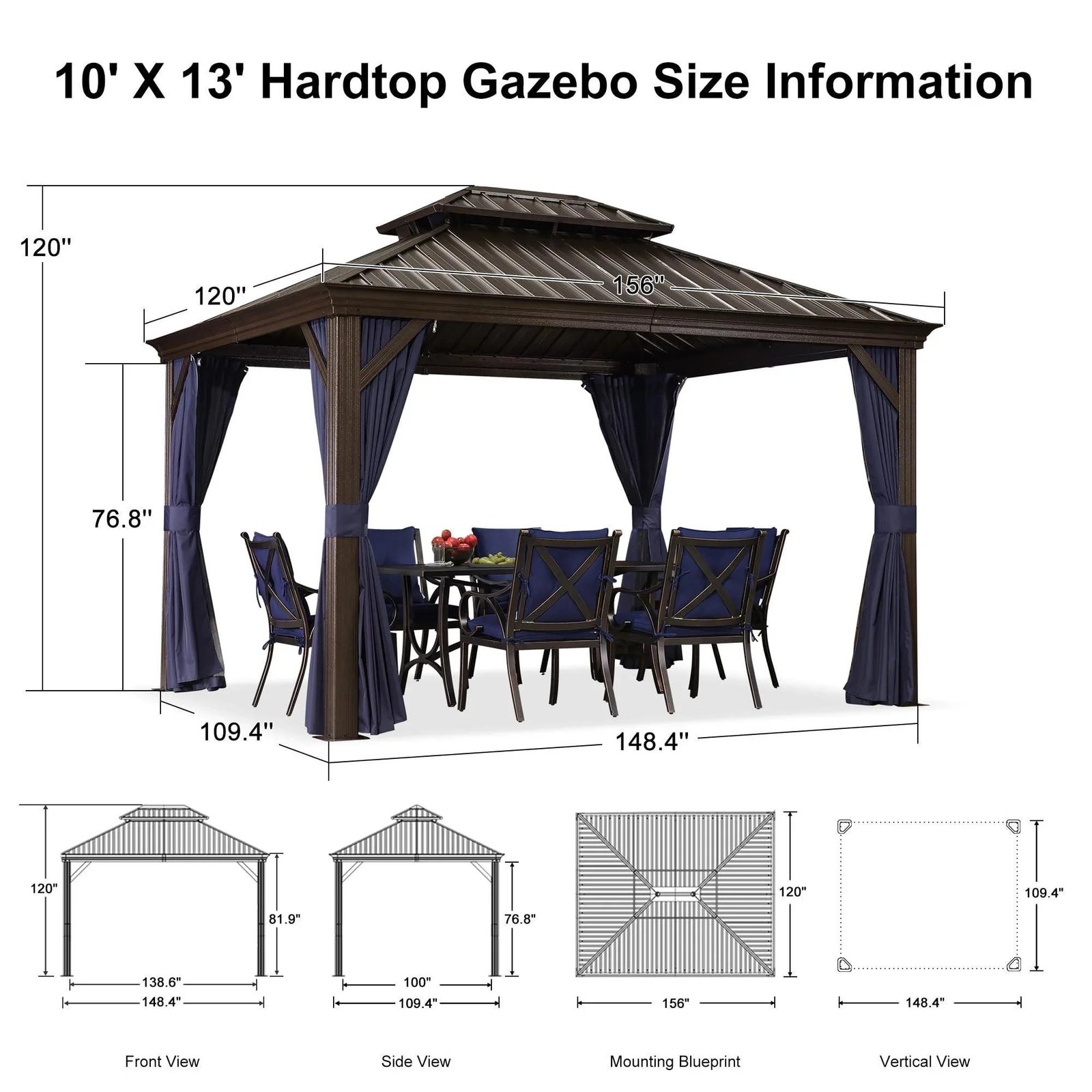 Outdoor Hardtop Gazebo for Patio Bronze Aluminum Frame Pavilion with Navy-Blue Curtain - Image 74