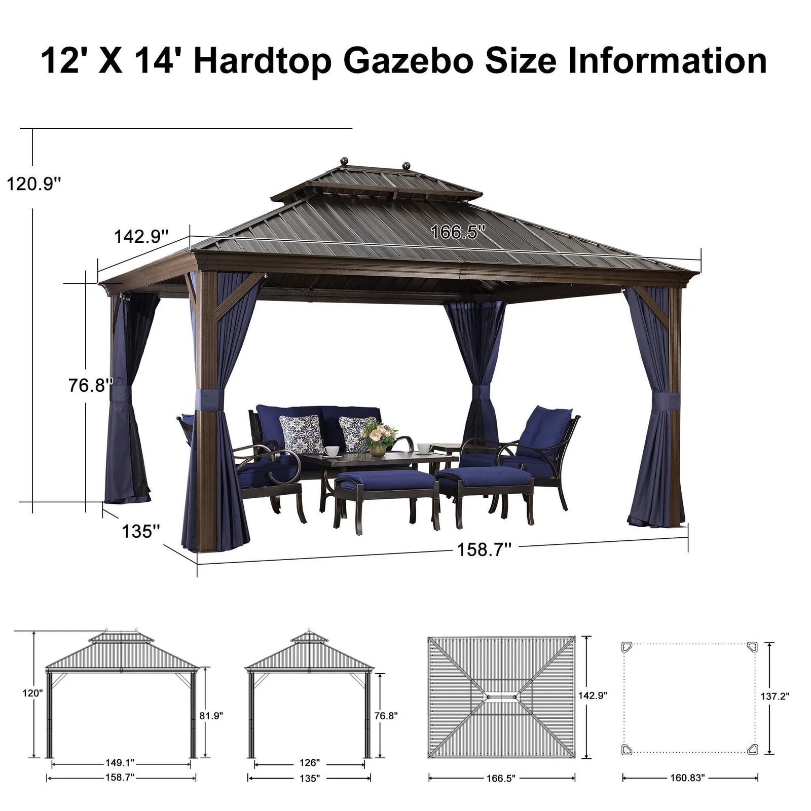 Outdoor Hardtop Gazebo for Patio Bronze Aluminum Frame Pavilion with Navy-Blue Curtain - Image 78