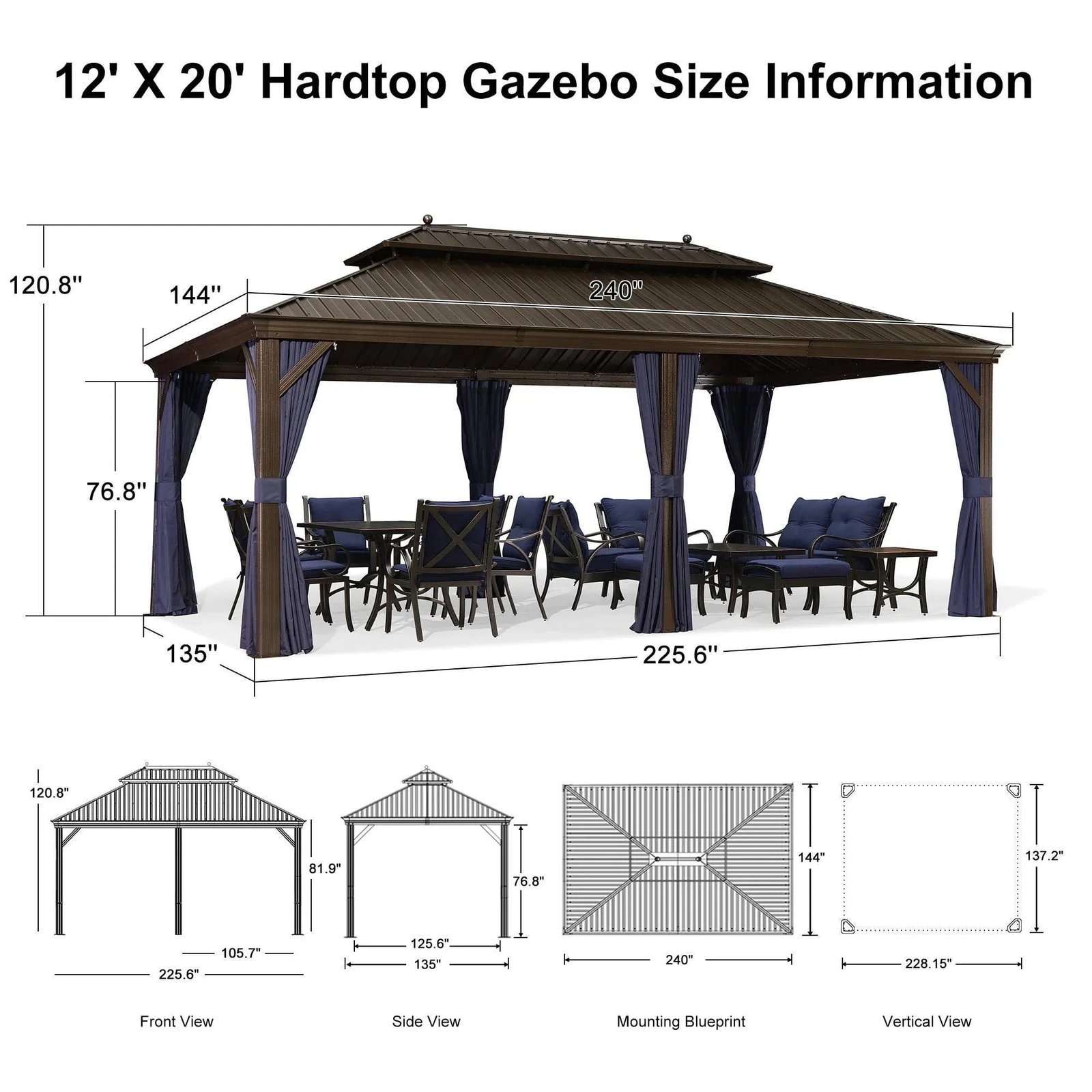 Outdoor Hardtop Gazebo for Patio Bronze Aluminum Frame Pavilion with Navy-Blue Curtain - Image 80