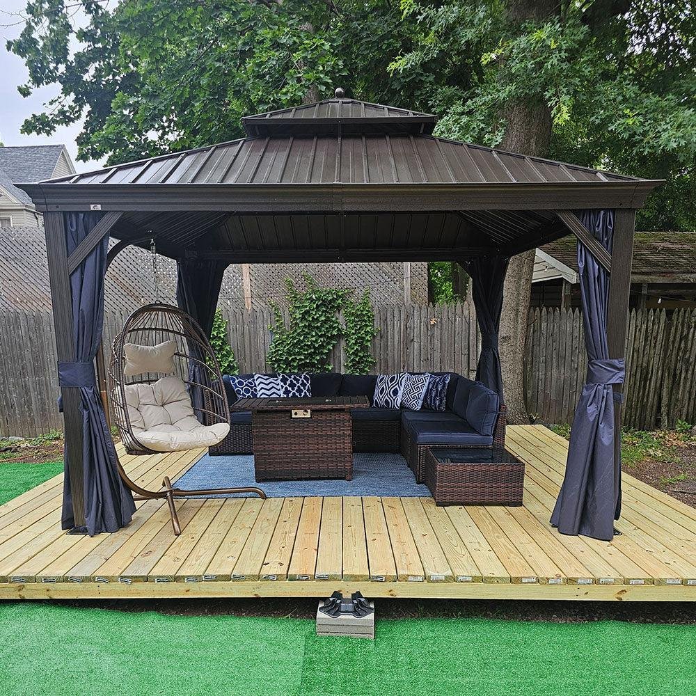 Outdoor Hardtop Gazebo for Patio Bronze Aluminum Frame Pavilion with Navy-Blue Curtain - Image 81