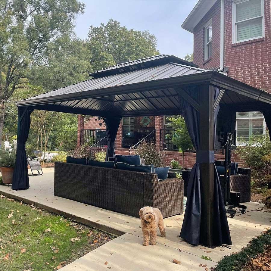 Outdoor Hardtop Gazebo for Patio Bronze Aluminum Frame Pavilion with Navy-Blue Curtain - Image 2