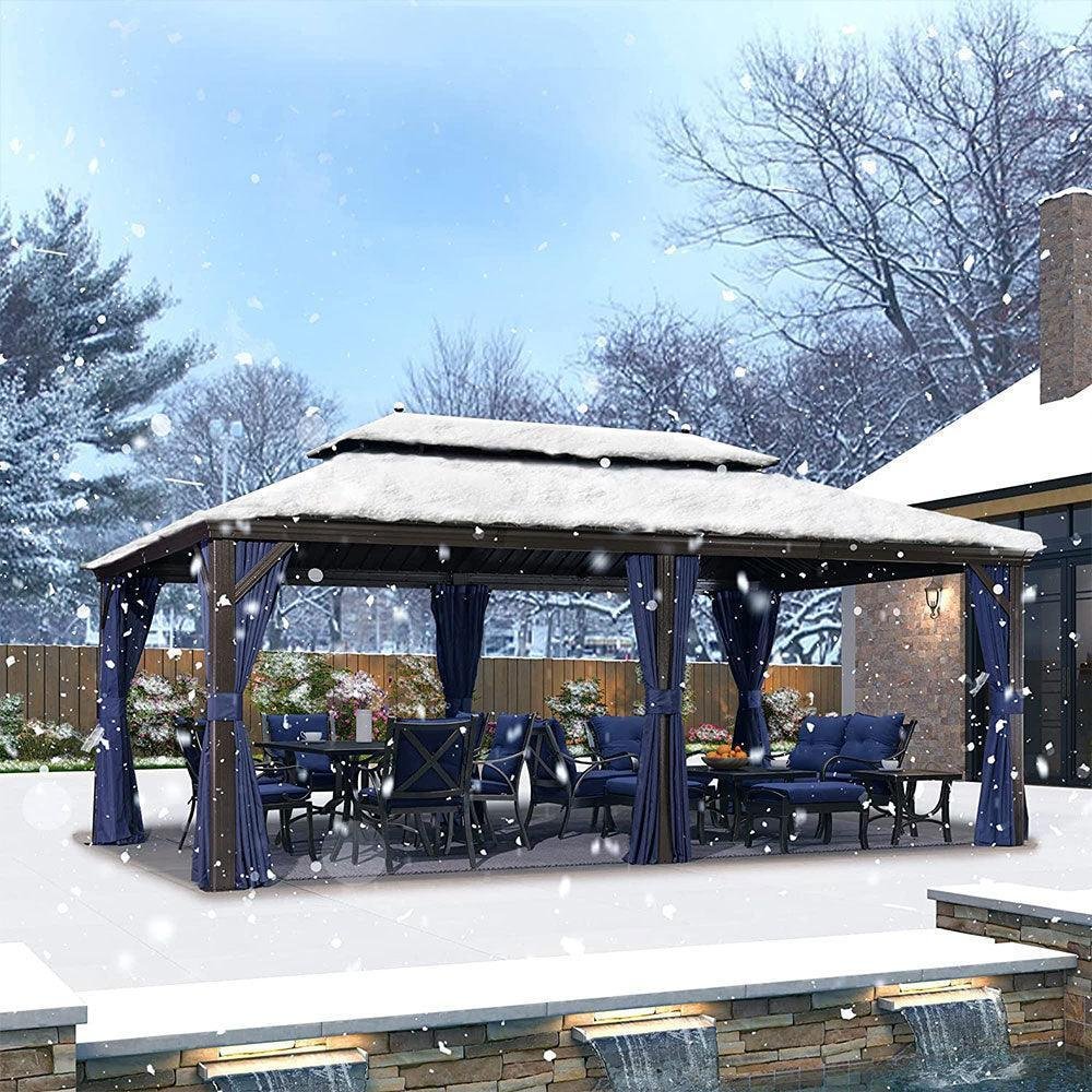 Outdoor Hardtop Gazebo for Patio Bronze Aluminum Frame Pavilion with Navy-Blue Curtain - Image 14
