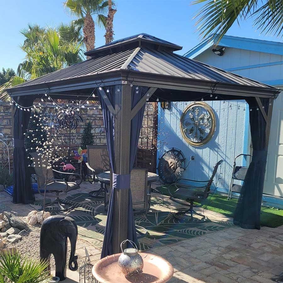 Outdoor Hardtop Gazebo for Patio Bronze Aluminum Frame Pavilion with Navy-Blue Curtain - Image 16