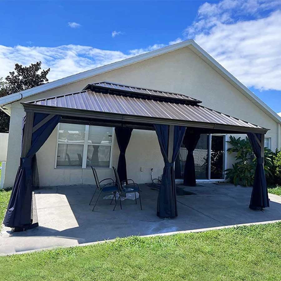 Outdoor Hardtop Gazebo for Patio Bronze Aluminum Frame Pavilion with Navy-Blue Curtain - Image 17