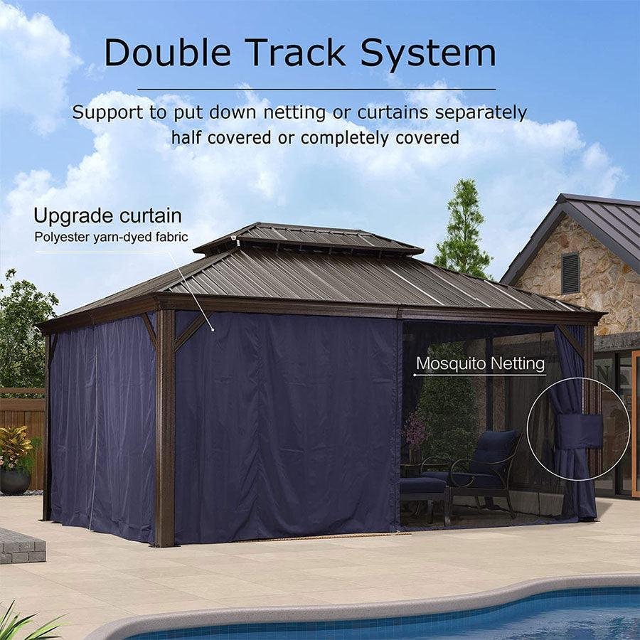 Outdoor Hardtop Gazebo for Patio Bronze Aluminum Frame Pavilion with Navy-Blue Curtain - Image 24
