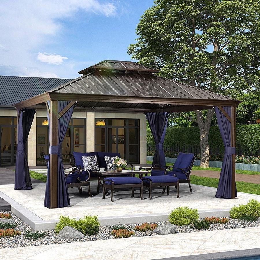 Outdoor Hardtop Gazebo for Patio Bronze Aluminum Frame Pavilion with Navy-Blue Curtain - Image 27