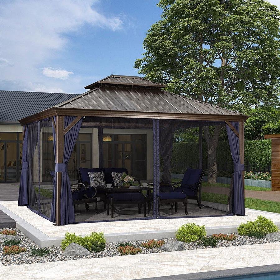 Outdoor Hardtop Gazebo for Patio Bronze Aluminum Frame Pavilion with Navy-Blue Curtain - Image 29
