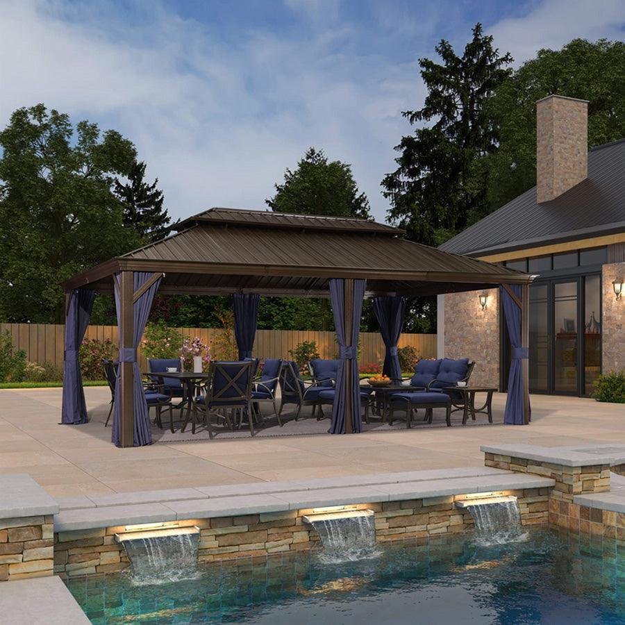 Outdoor Hardtop Gazebo for Patio Bronze Aluminum Frame Pavilion with Navy-Blue Curtain - Image 31